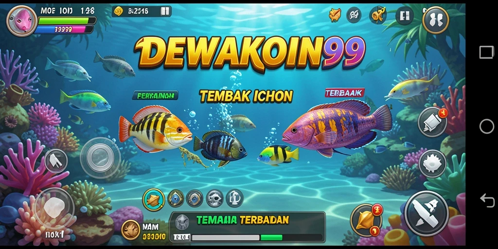 Tampilan gameplay seru dari DEWAKOIN99 dengan berbagai ikan berwarna-warni.