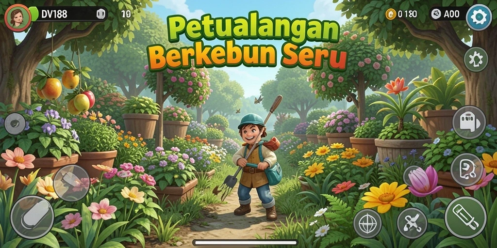 Screenshot <strong>DV188</strong> menampilkan ladang penuh tanaman hijau subur dan hewan peliharaan lucu.