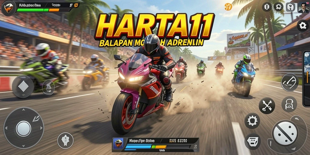 Tampilan gameplay HARTA11 dengan aksi balapan motor yang cepat.