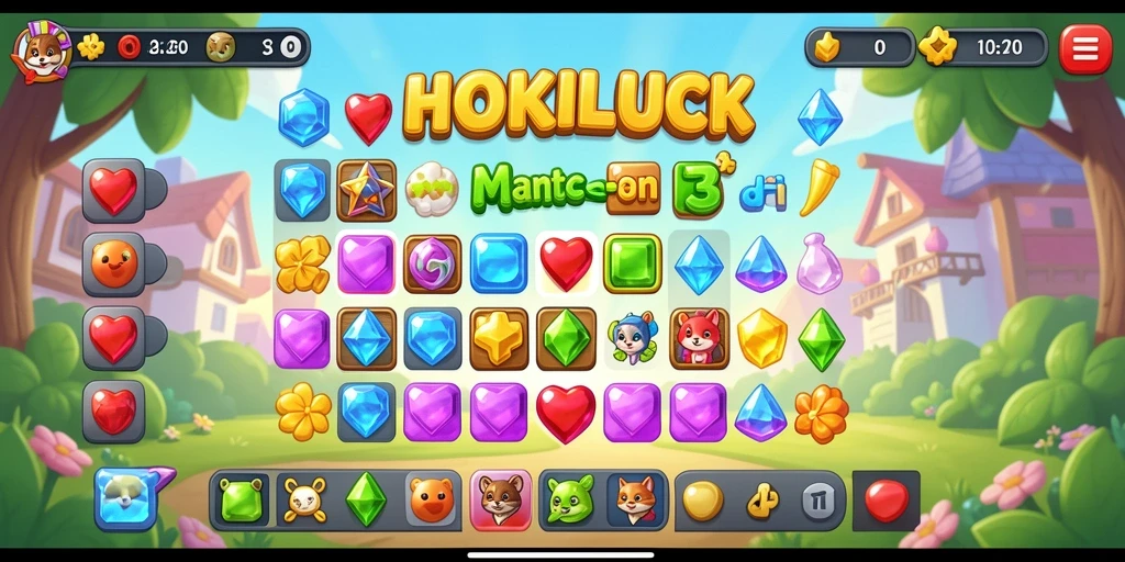 Tampilan HOKILUCK dengan aksi mencocokkan permata berwarna-warni.
