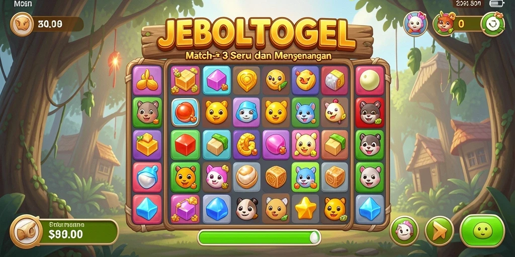 Tangkapan layar gameplay JEBOLTOGEL dengan suasana match-3 yang menggembirakan.