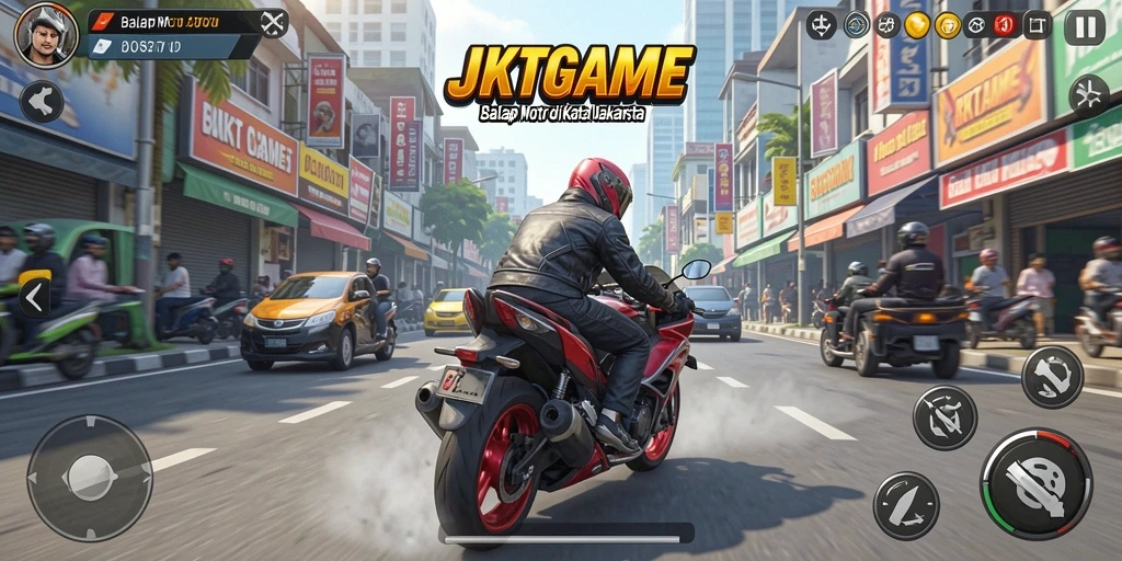 Gameplay seru JKTGAME dengan balapan motor di kota Jakarta.