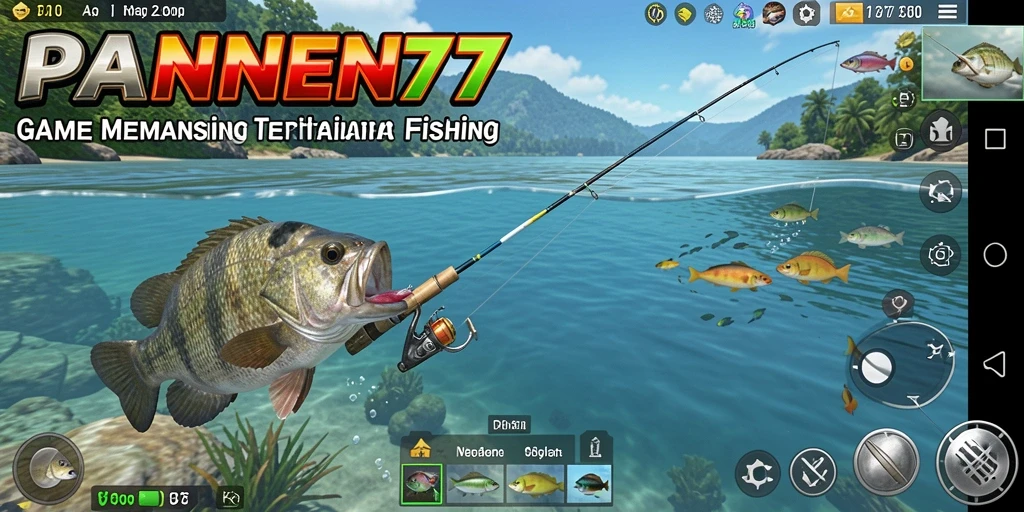 Screenshot menunjukkan gameplay memancing yang seru dan pemandangan yang memukau.