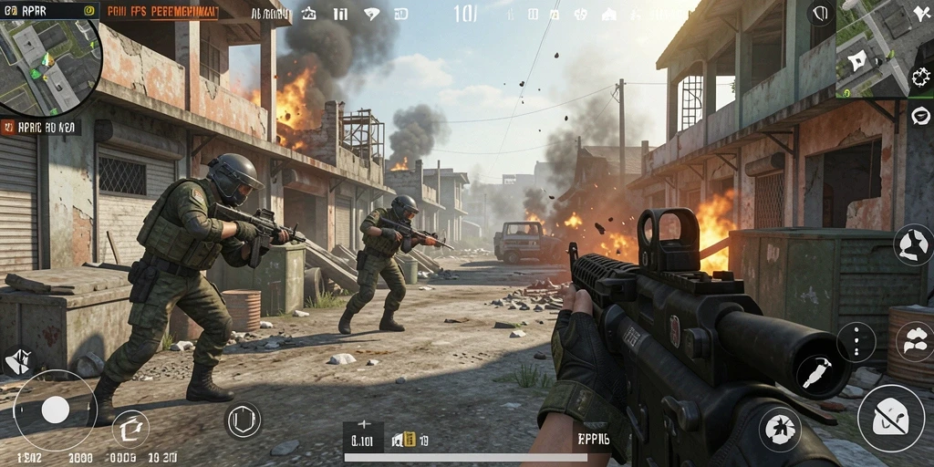 Screenshot gameplay RPRR yang menunjukkan aksi pertempuran FPS yang mendebarkan.