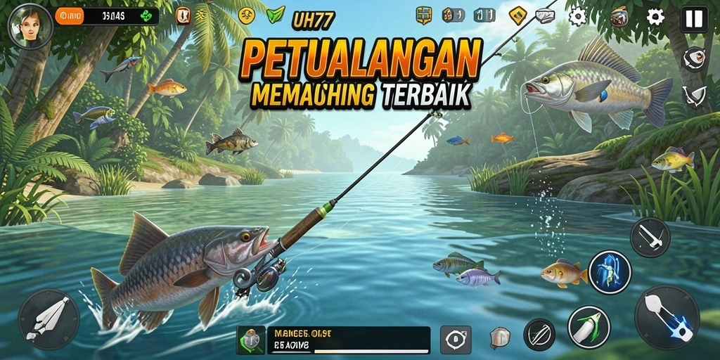 Gameplay UH77 menampilkan pengalaman memancing yang seru dan realistis.